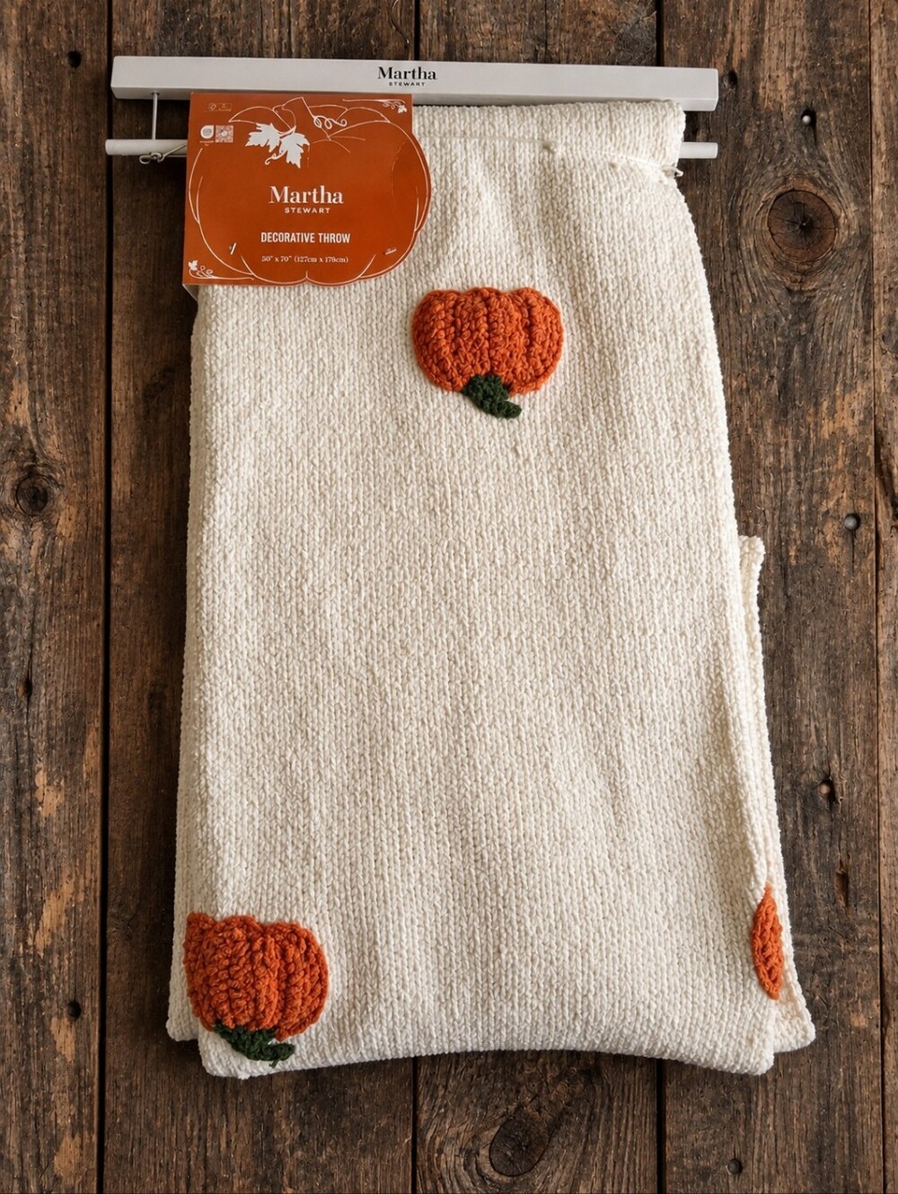 Martha Stewart Cream Throw with Orange Pumpkin Appliqués , Halloween Pumpkin